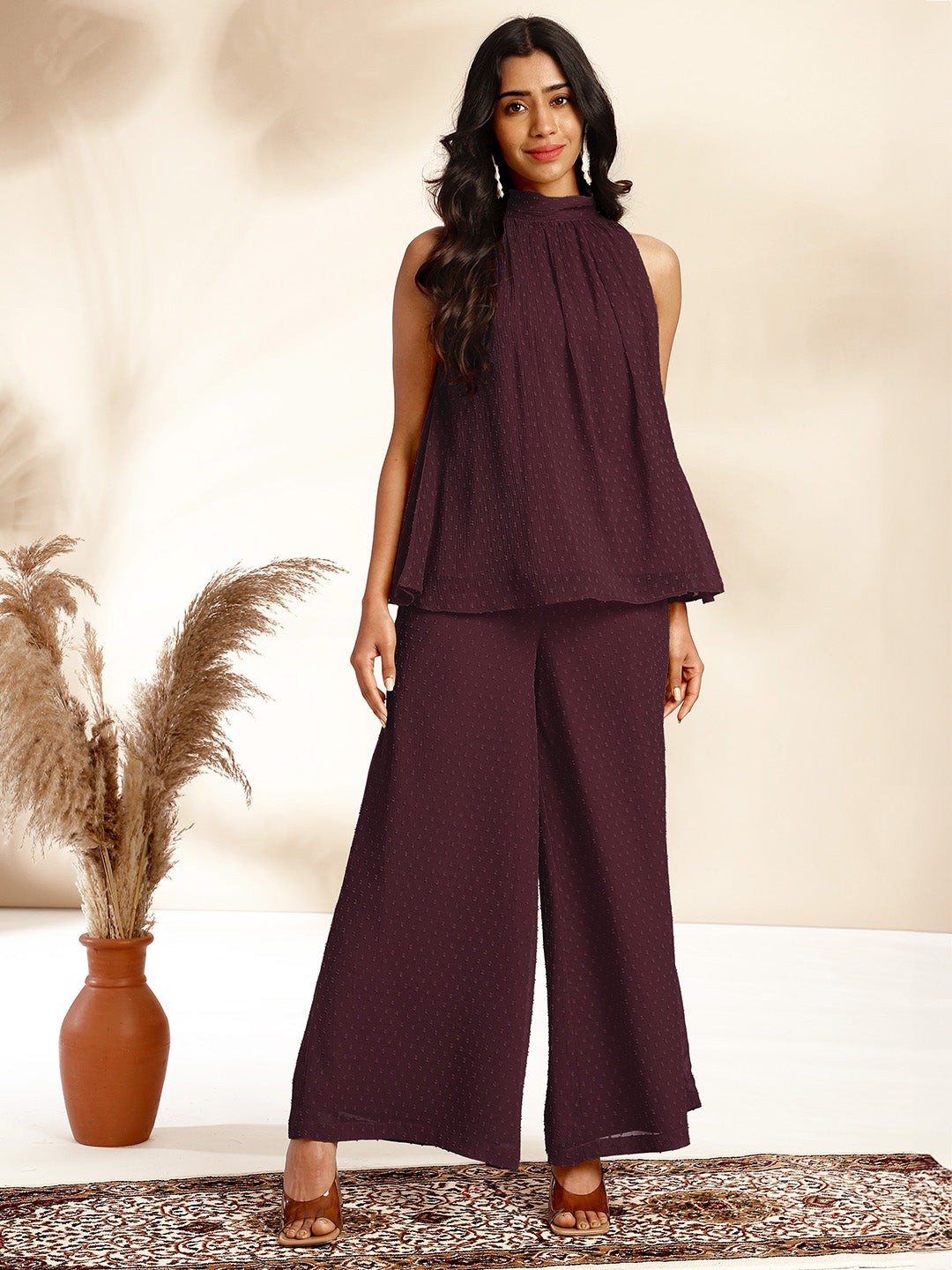 Wine Chiffon Woven Design Gathered Co-Ord Set - qivii