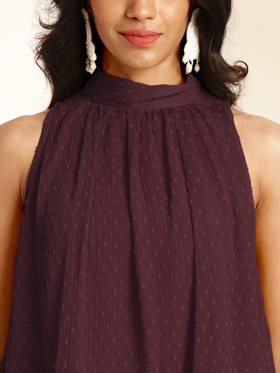 Wine Chiffon Woven Design Gathered Co-Ord Set - qivii