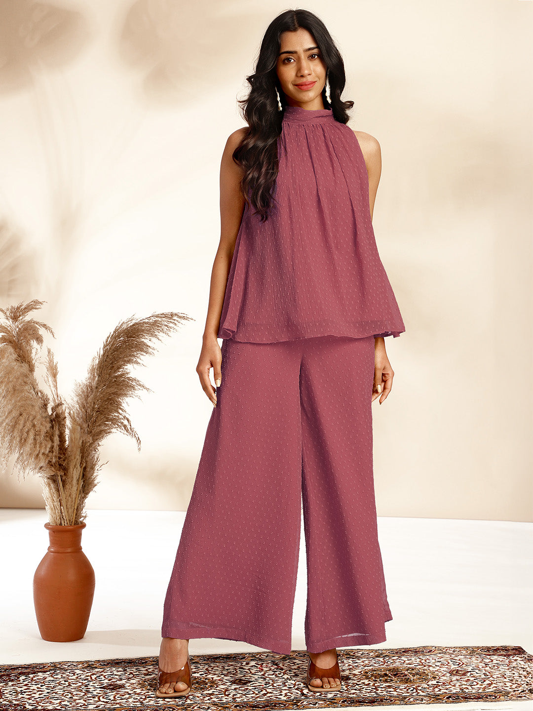 Coral Chiffon Woven Design Crop Co-Ord Set - qivii