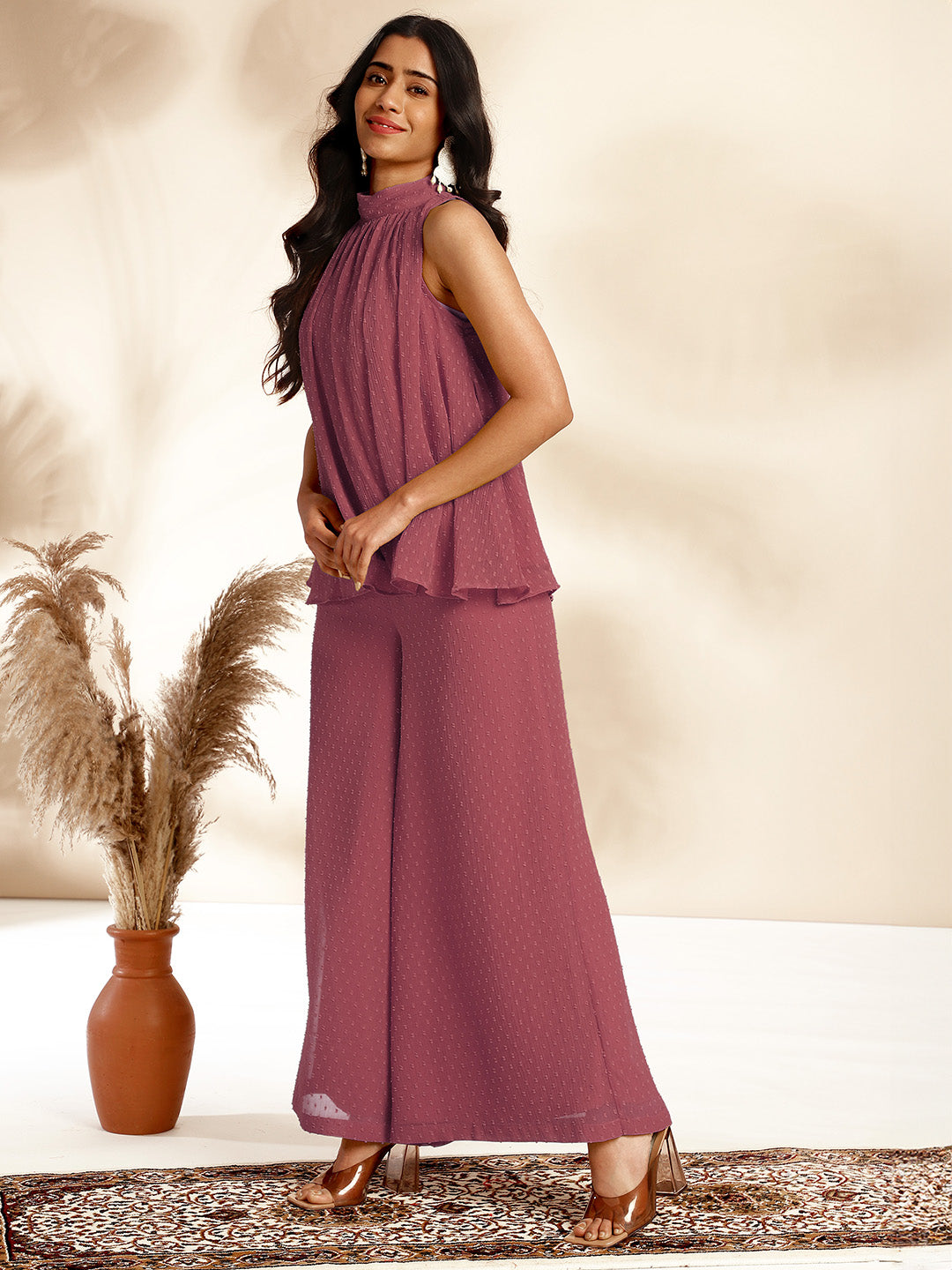 Coral Chiffon Woven Design Crop Co-Ord Set - qivii