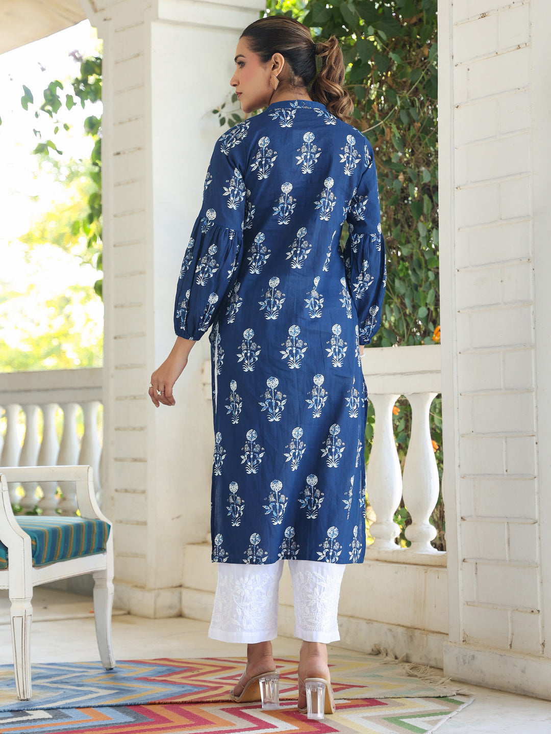 Indigo Pure Cotton Floral Printed Pleated Kurta - qivii