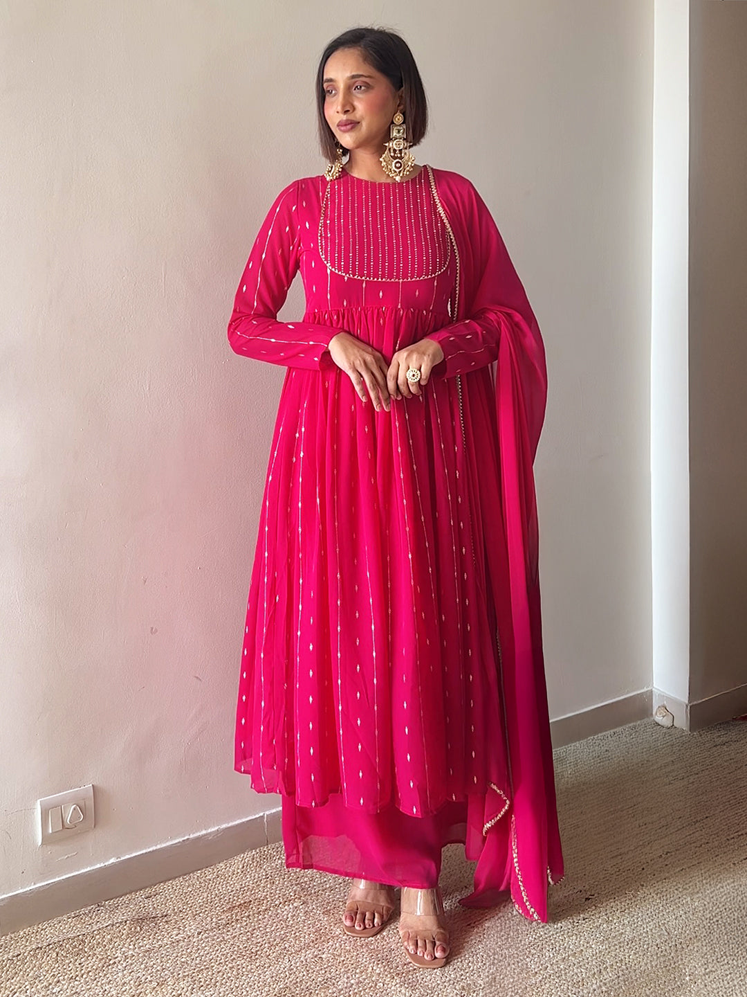 Pink Georgette Foil Printed Anarkali Kurta Set - qivii