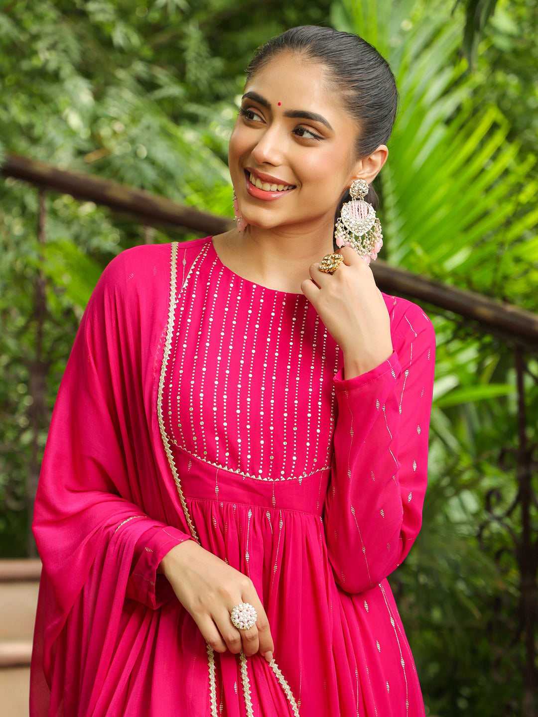 Pink Georgette Foil Printed Anarkali Kurta Set - qivii