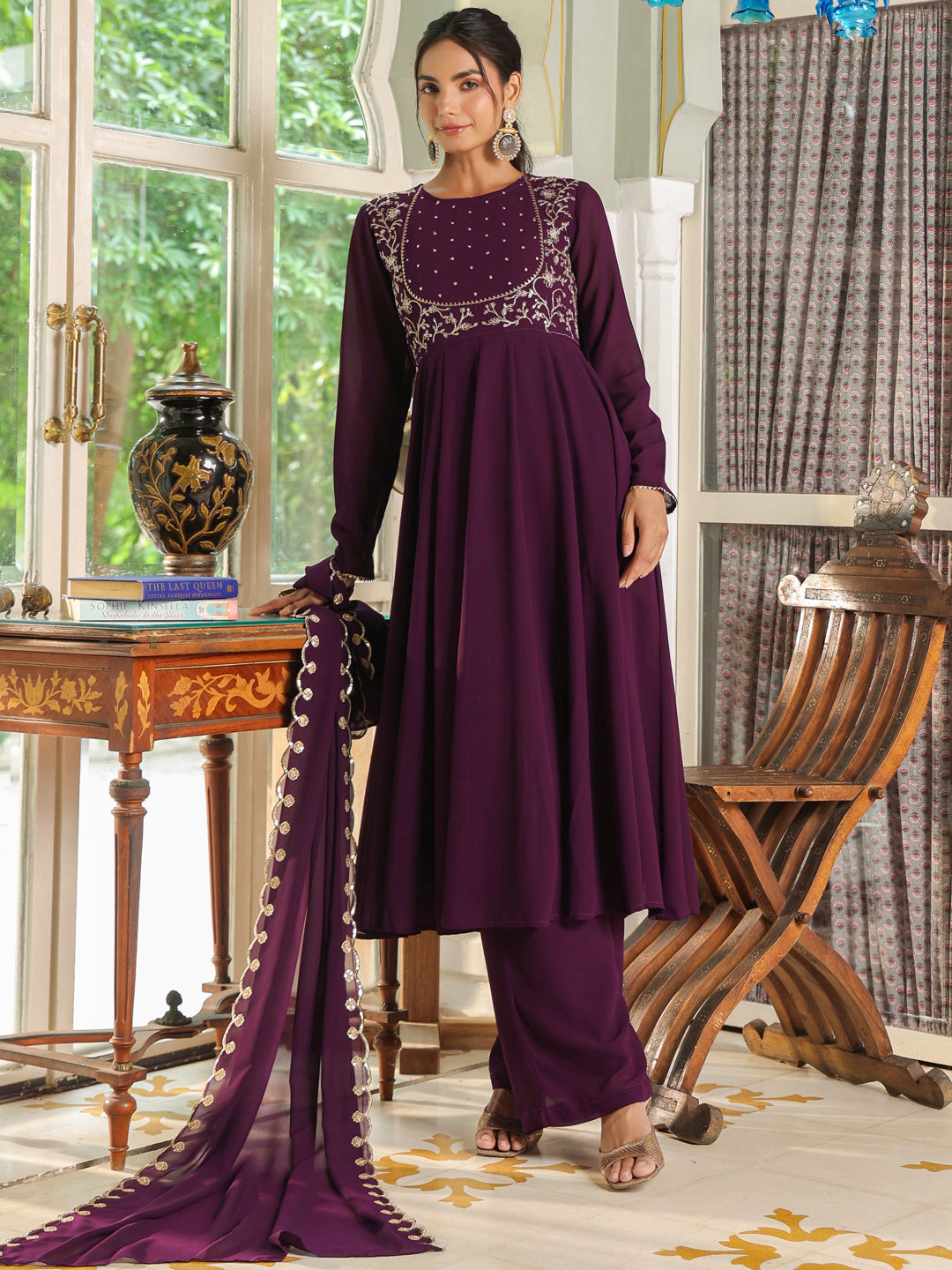 Purple Georgette Embroidered Anarkali Palazzo Set - qivii