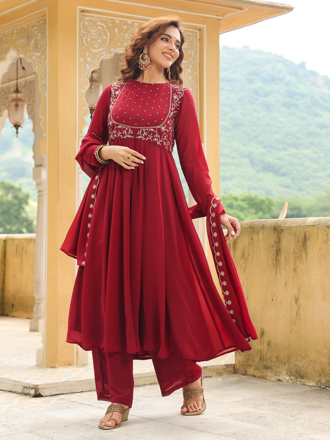 Maroon Georgette Embroidered Anarkali Kurta Set - qivii