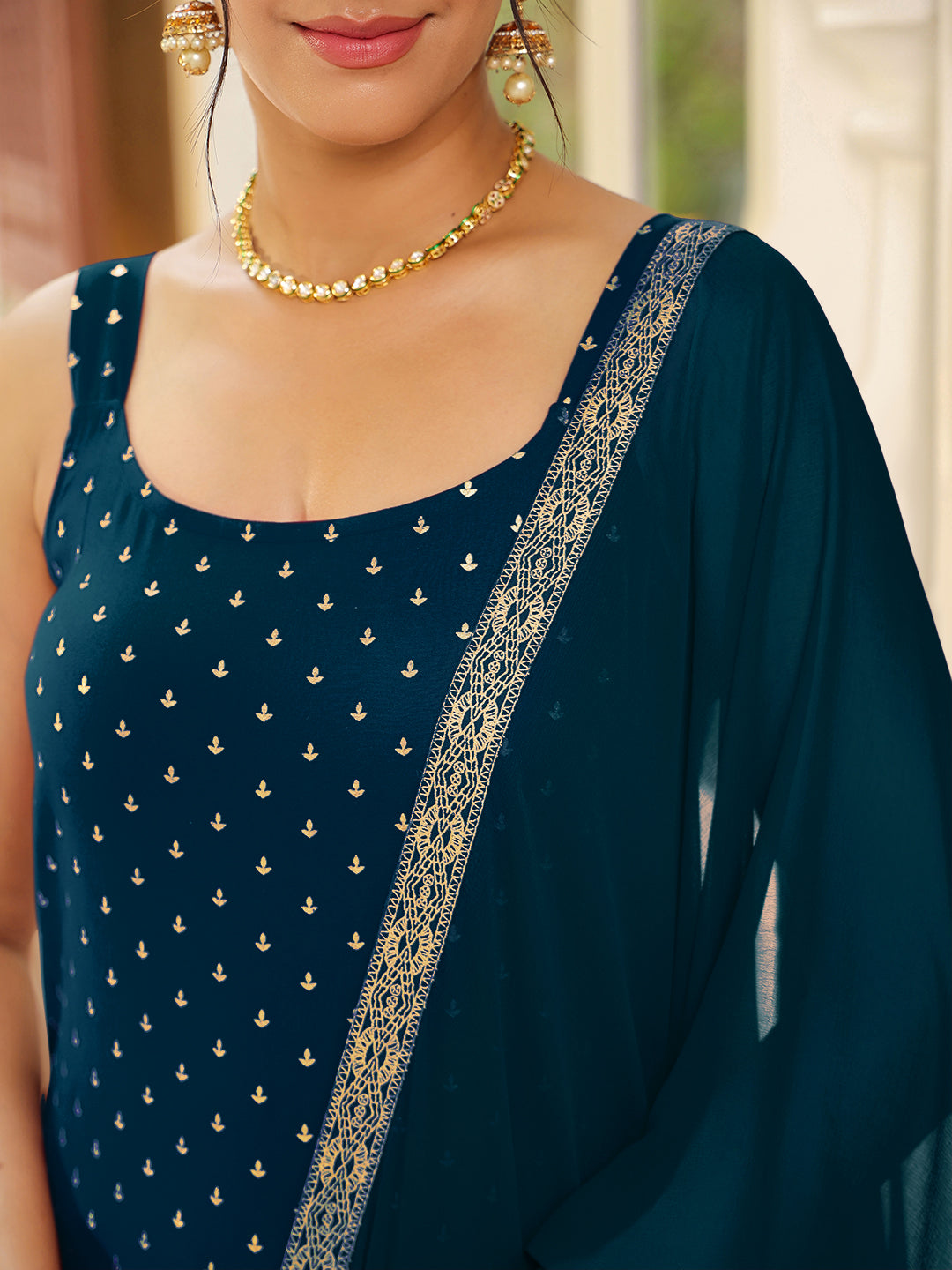 Janasya Women's Teal Blue Rayon Foil Printed Straight Kurta Set - qivii