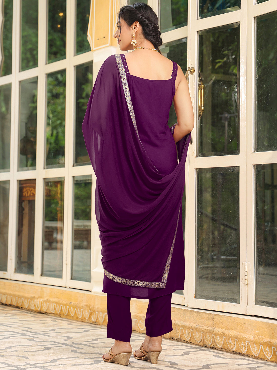 Purple Rayon Foil Printed Straight Kurta Set - qivii