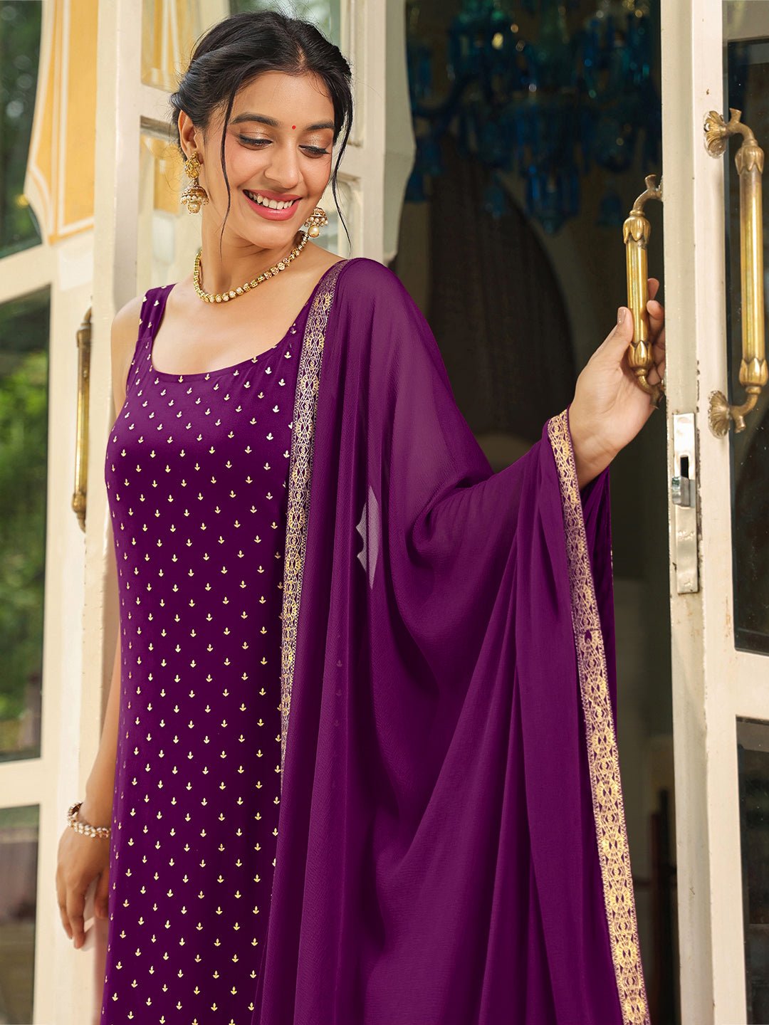 Purple Rayon Foil Printed Straight Kurta Set - qivii