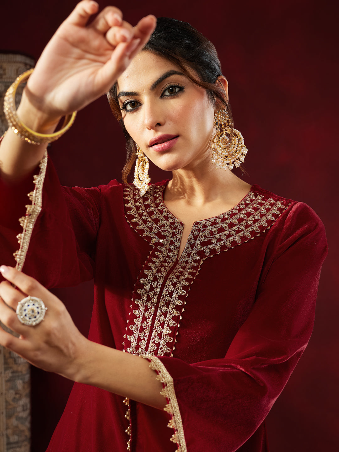 Janasya Women's Maroon Velvet Zari Yoke Embroidered Straight Co-ord Set