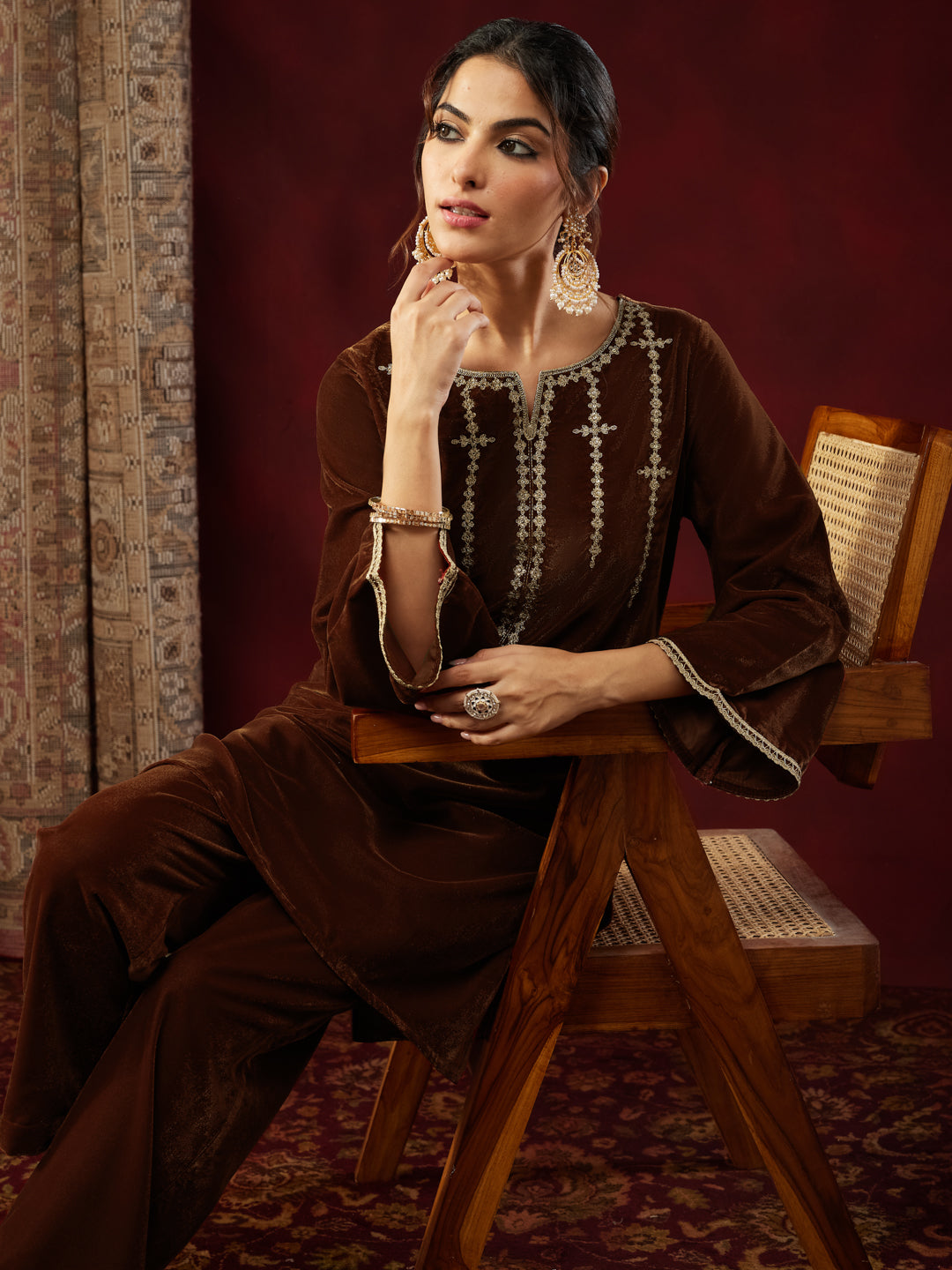 Janasya Women's Brown Velvet Zari Embroidered Straight Co-ord Set