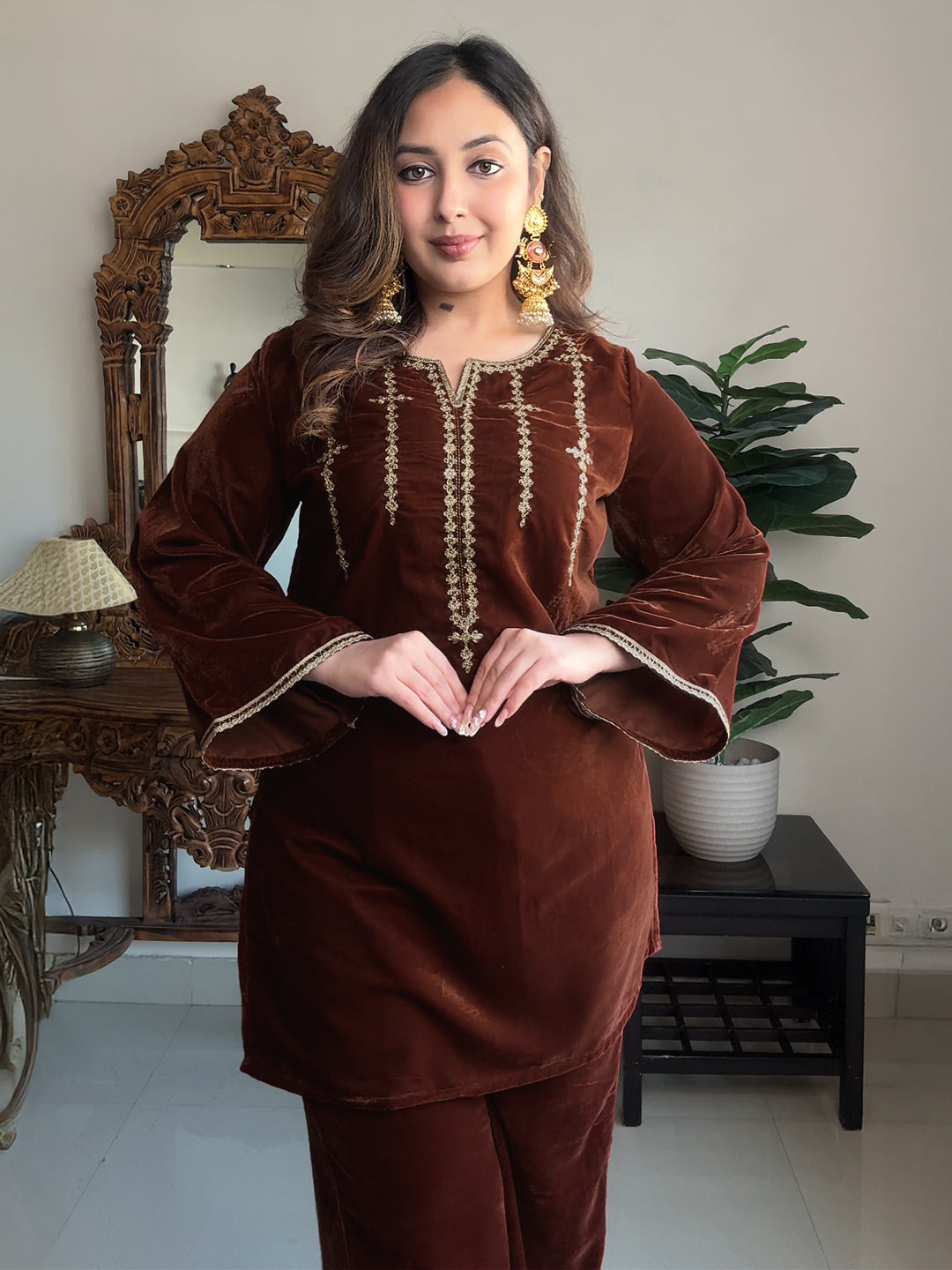 Janasya Women's Brown Velvet Zari Embroidered Straight Co-ord Set