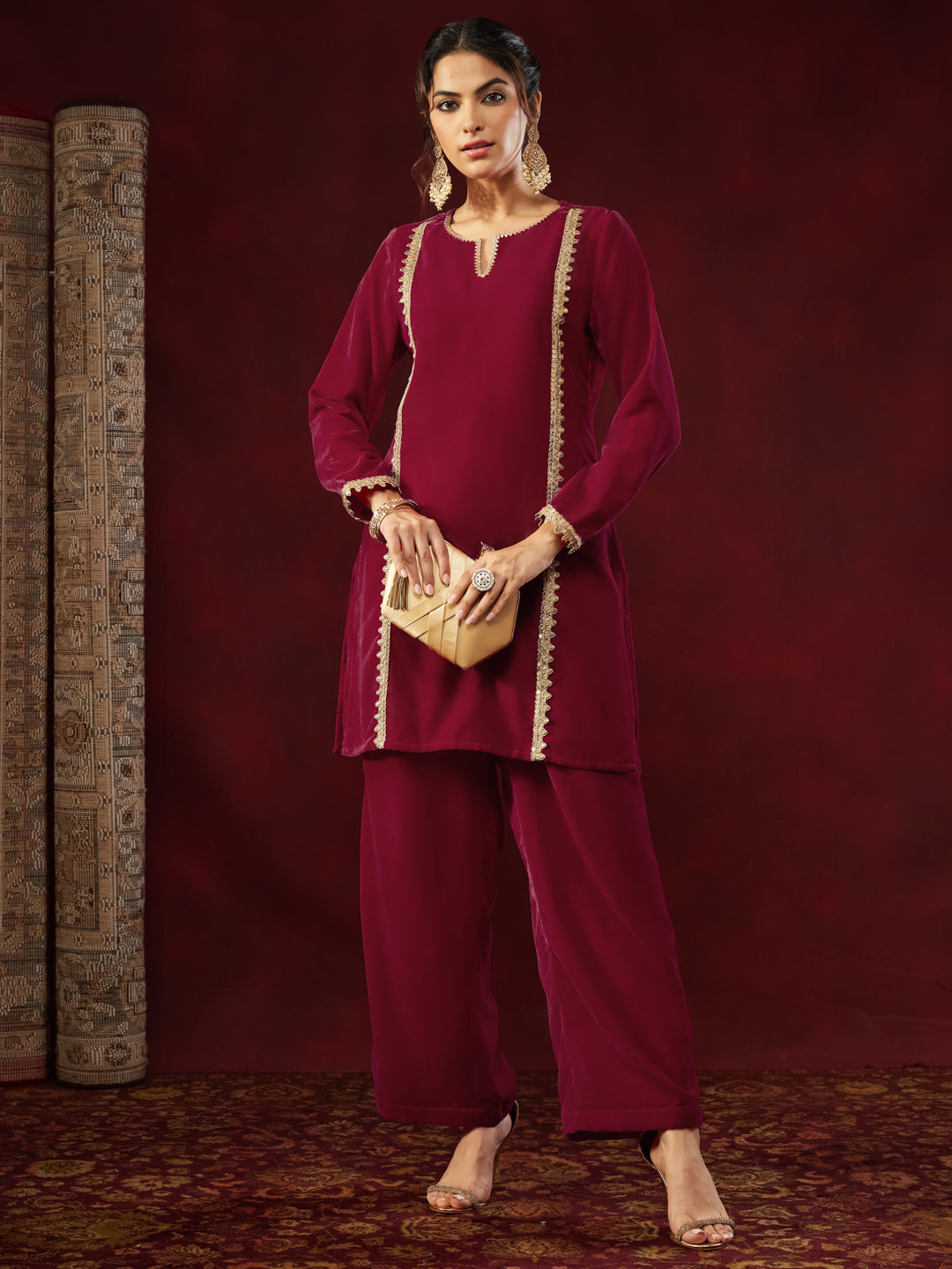 Janasya Women's Pink Velvet Embellished Straight Co-ord Set