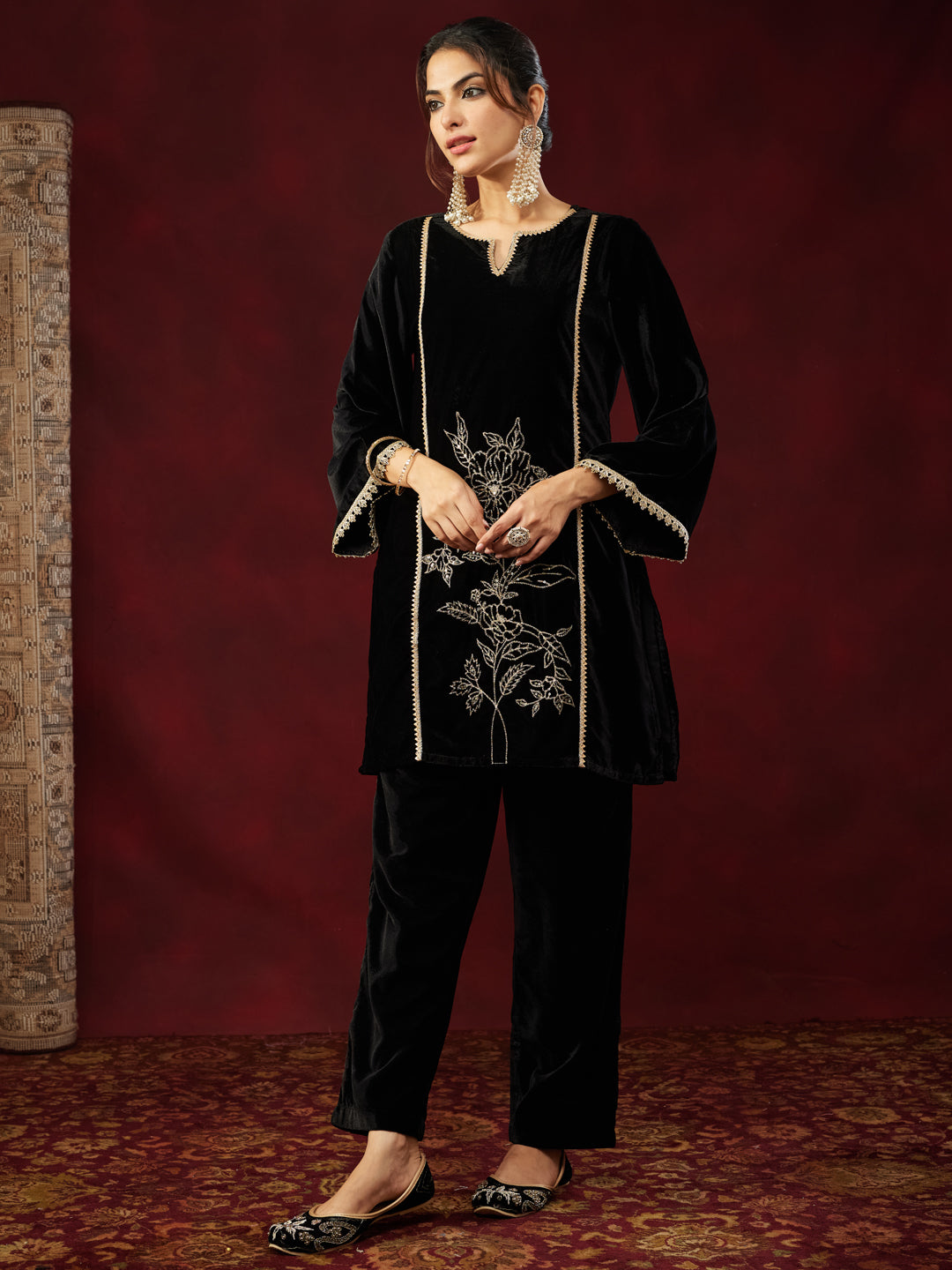 Janasya Women's Black Velvet Embroidered Straight Co-ord Set