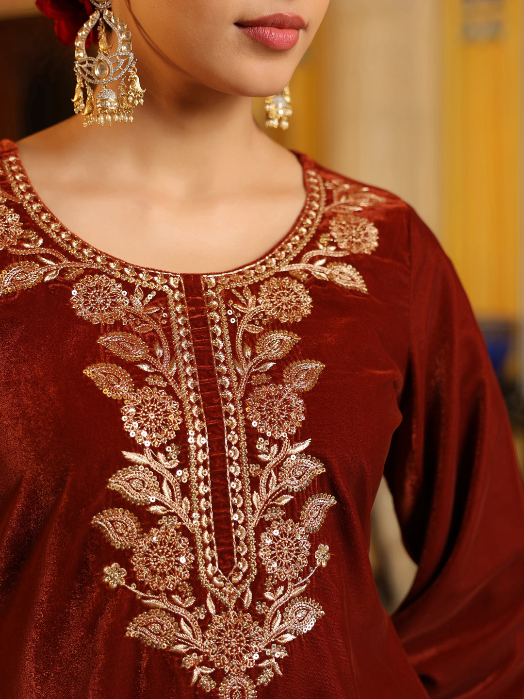 Janasya Women's Brown Velvet Yoke Zari Embroidered Straight Co-ord Set