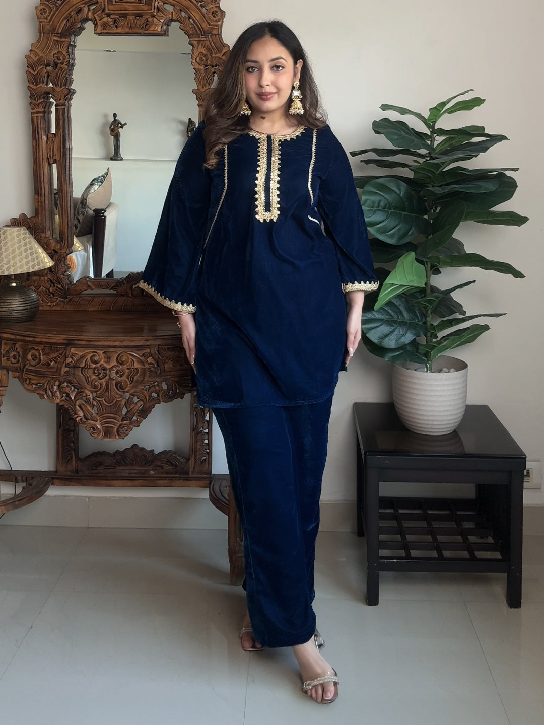 Janasya Women's Teal Blue Velvet Embellished Straight Co-ord Set