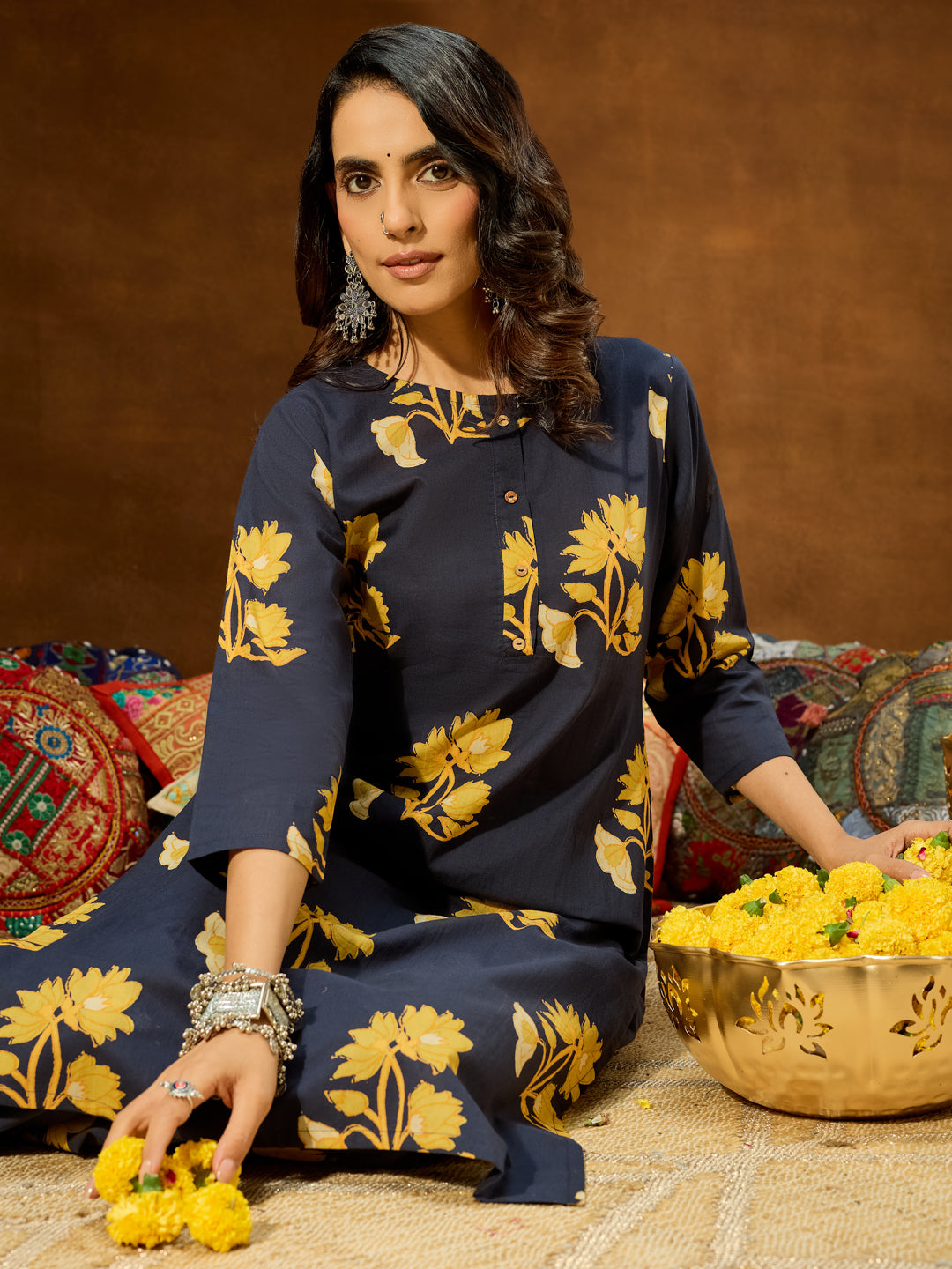 Janasya Women's Navy Blue Pure Cotton Floral Printed Straight Co-ord Set - qivii