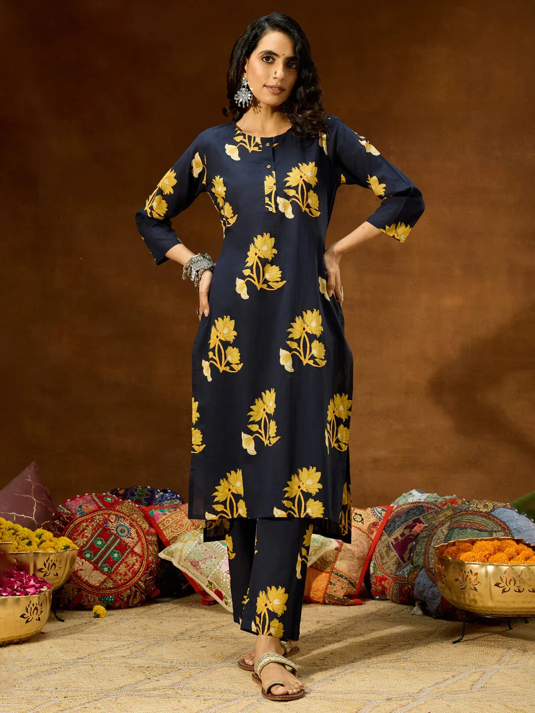 Janasya Women's Navy Blue Pure Cotton Floral Printed Straight Co-ord Set