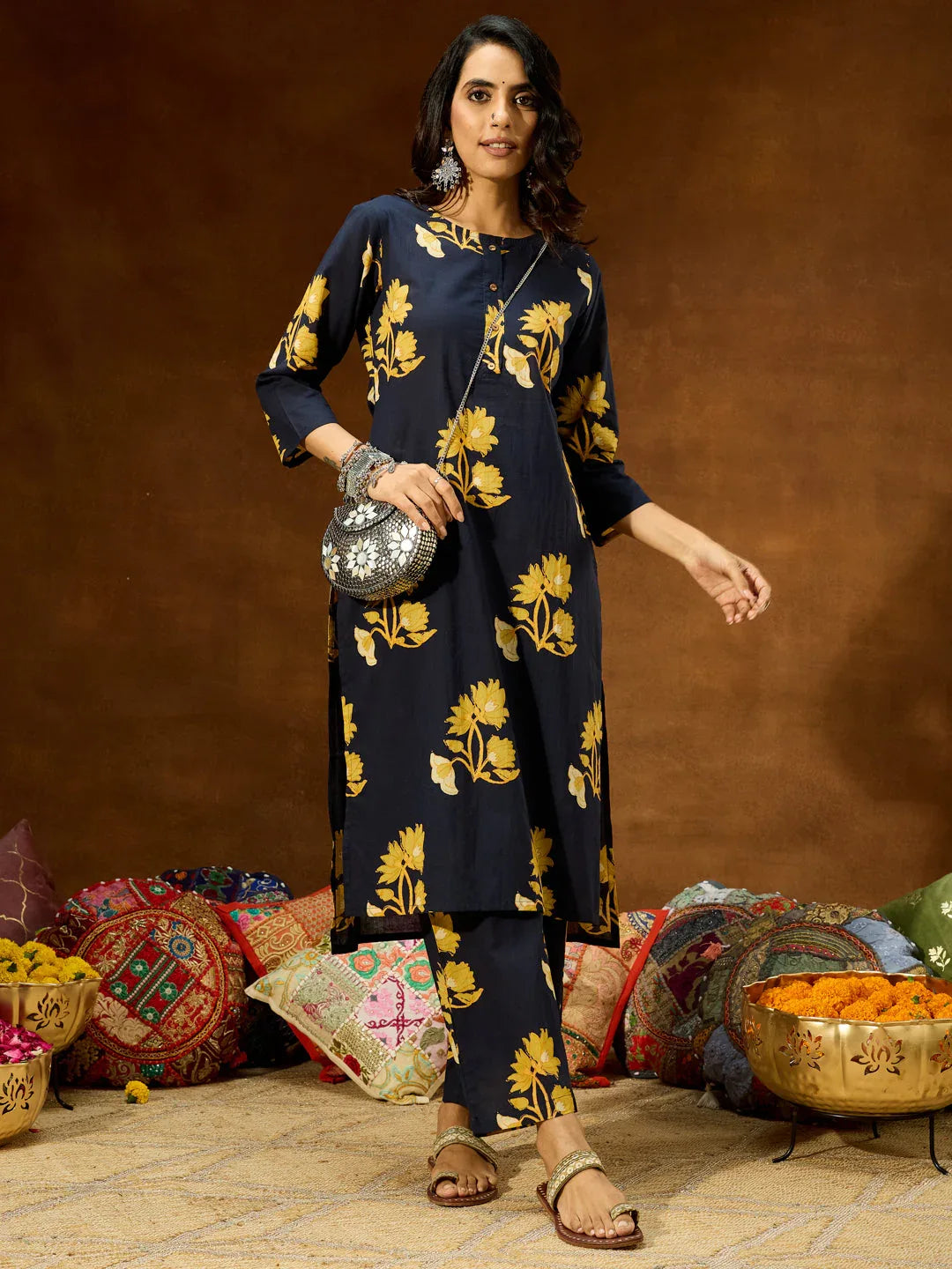 Janasya Women's Navy Blue Pure Cotton Floral Printed Straight Co-ord Set