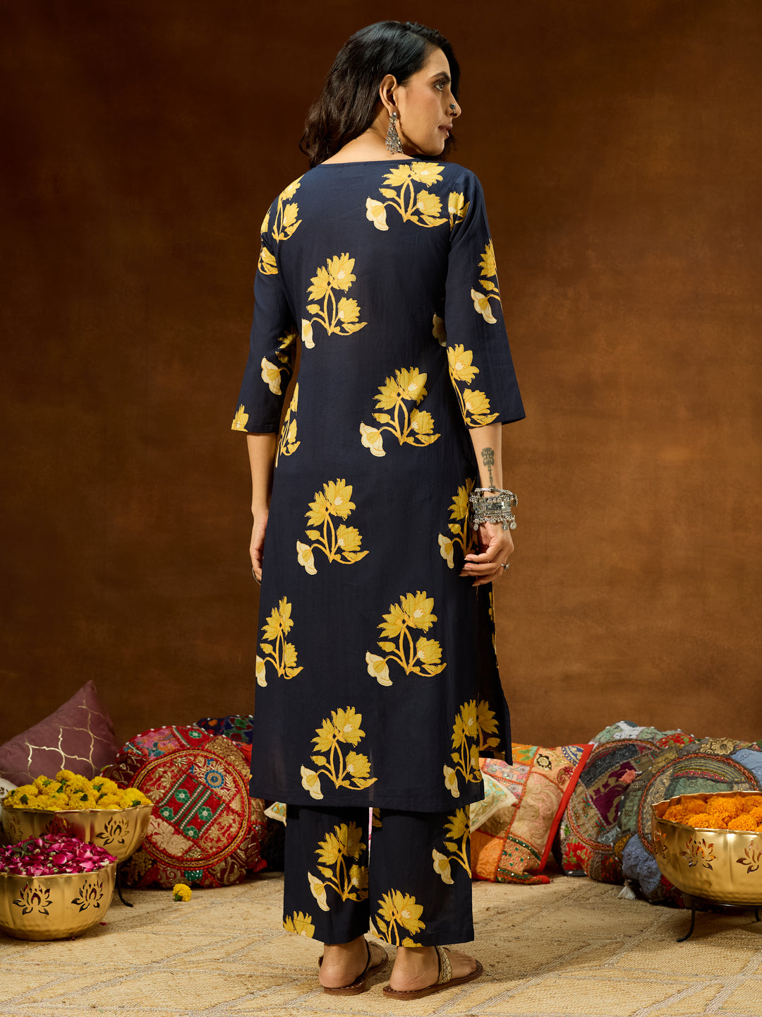 Janasya Women's Navy Blue Pure Cotton Floral Printed Straight Co-ord Set - qivii