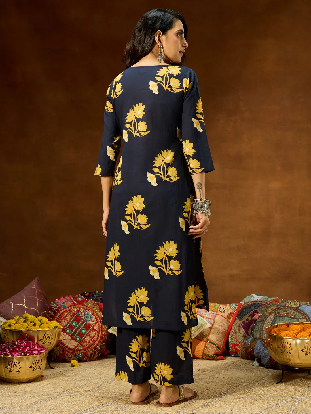 Janasya Women's Navy Blue Pure Cotton Floral Printed Straight Co-ord Set