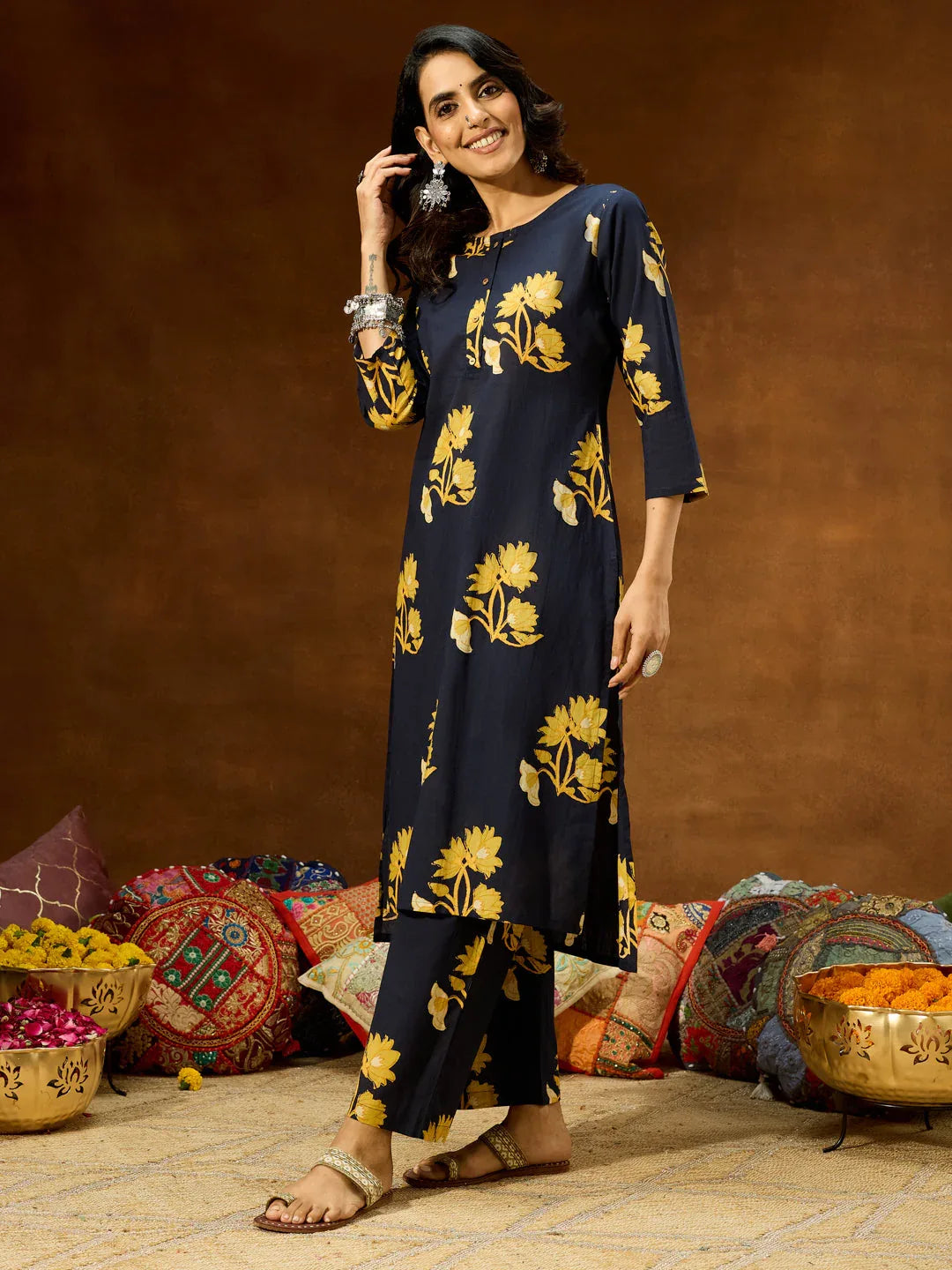 Janasya Women's Navy Blue Pure Cotton Floral Printed Straight Co-ord Set