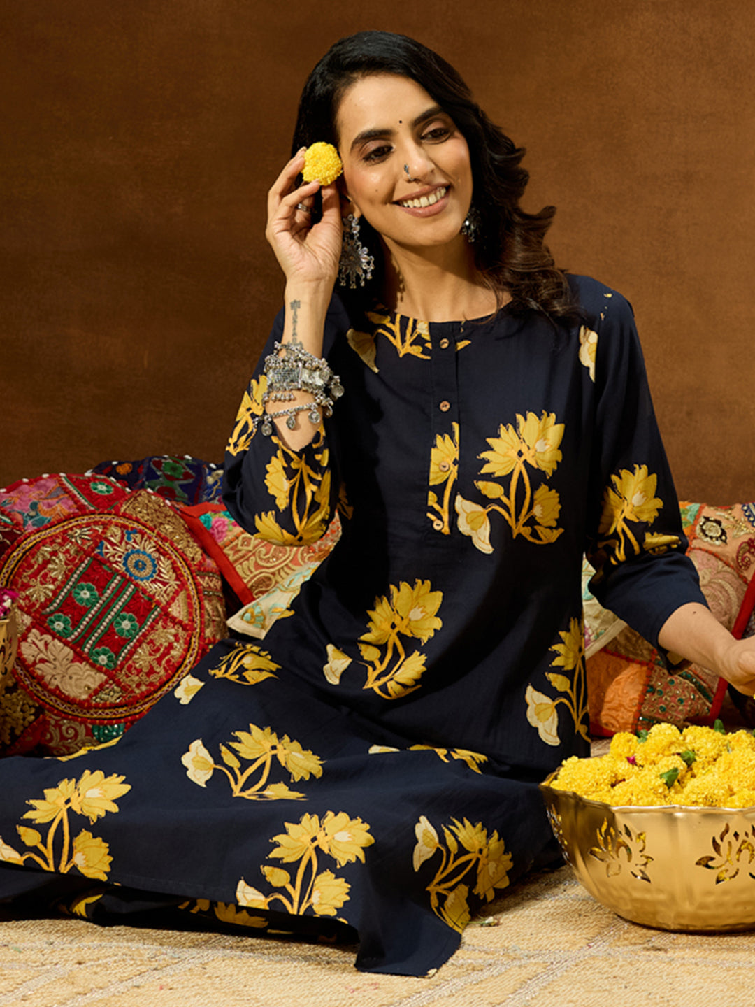 Janasya Women's Navy Blue Pure Cotton Floral Printed Straight Co-ord Set - qivii