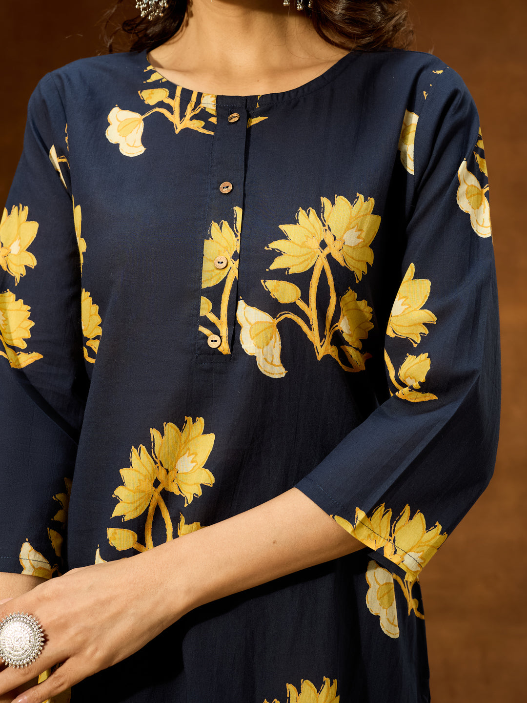 Janasya Women's Navy Blue Pure Cotton Floral Printed Straight Co-ord Set - qivii