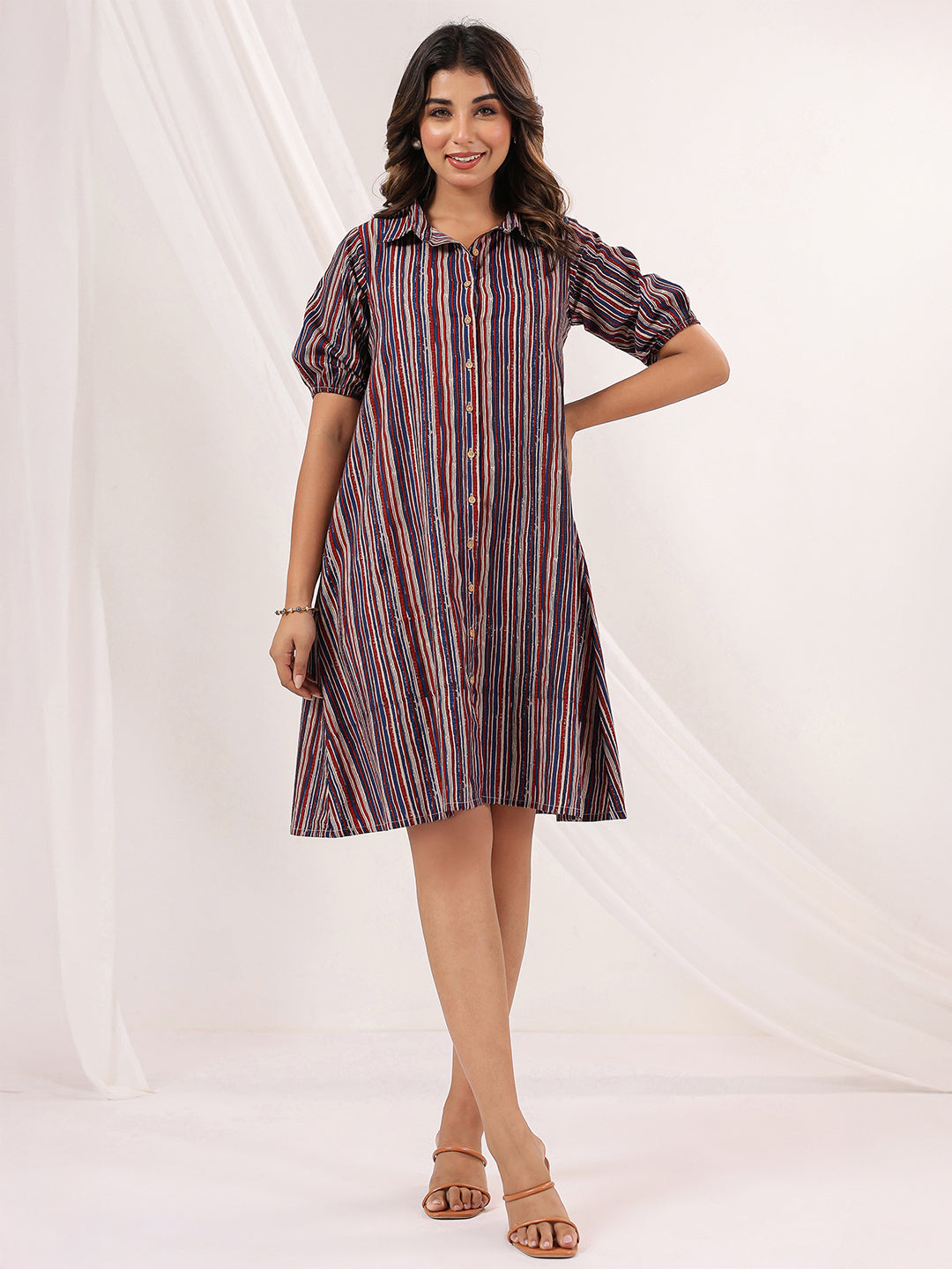 Janasya Women's Multicolor Pure Cotton Striped A-line Dress - qivii
