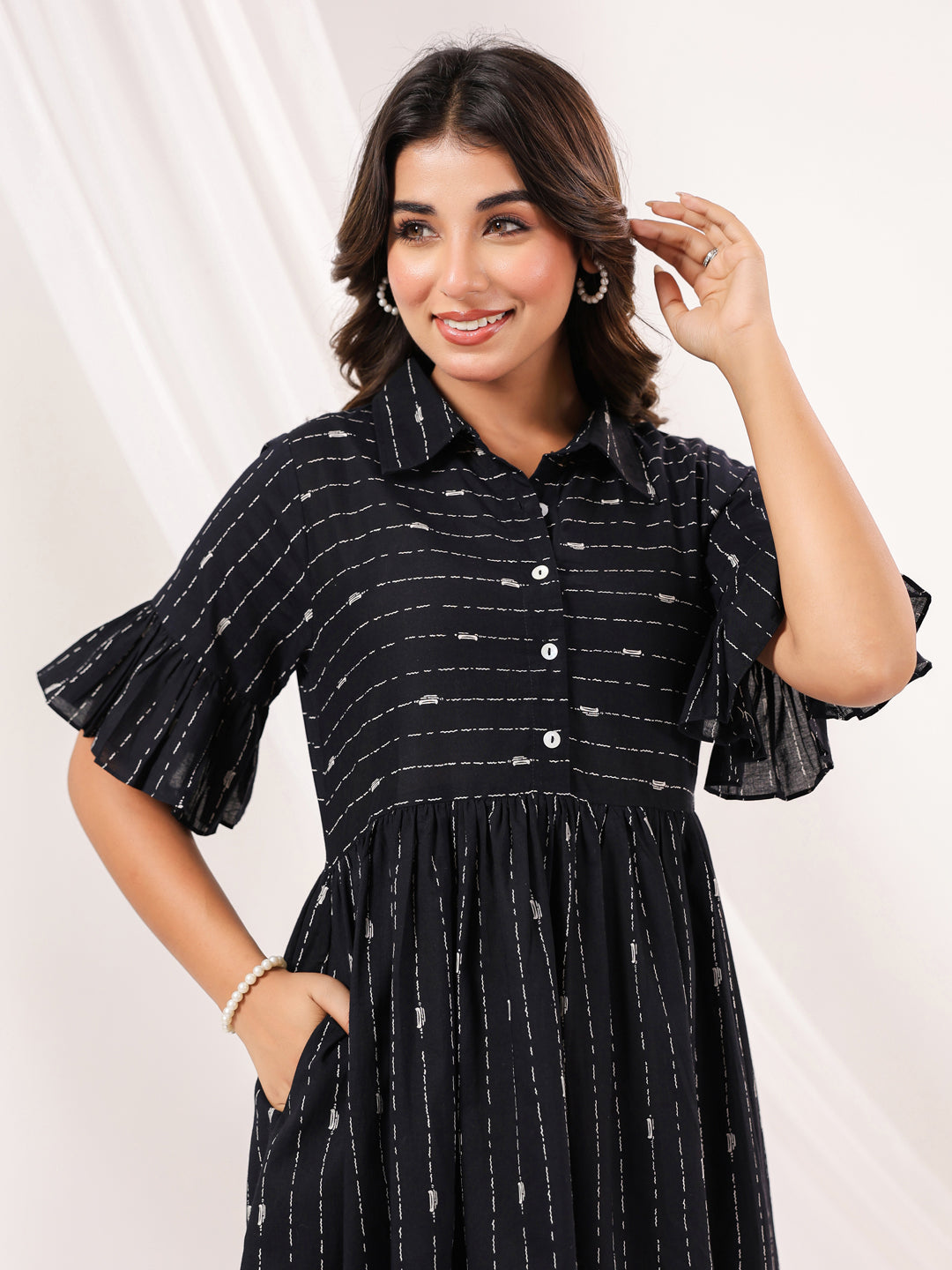 Janasya Women's Black Cotton Abstract Printed A line Dress - qivii