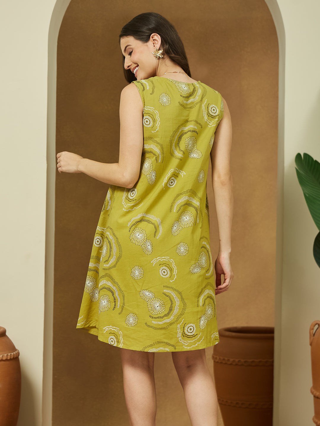 Janasya Women's Olive Green Pure Cotton Abstract Printed A-line Dress - qivii