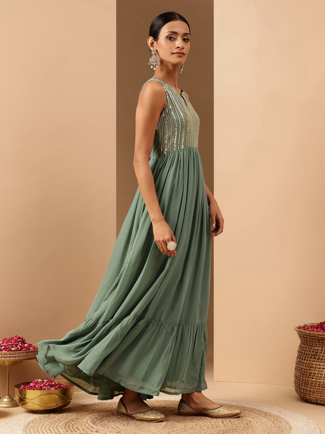 Janasya Women's Sage Green Georgette Sequined Gathered Flared Gown