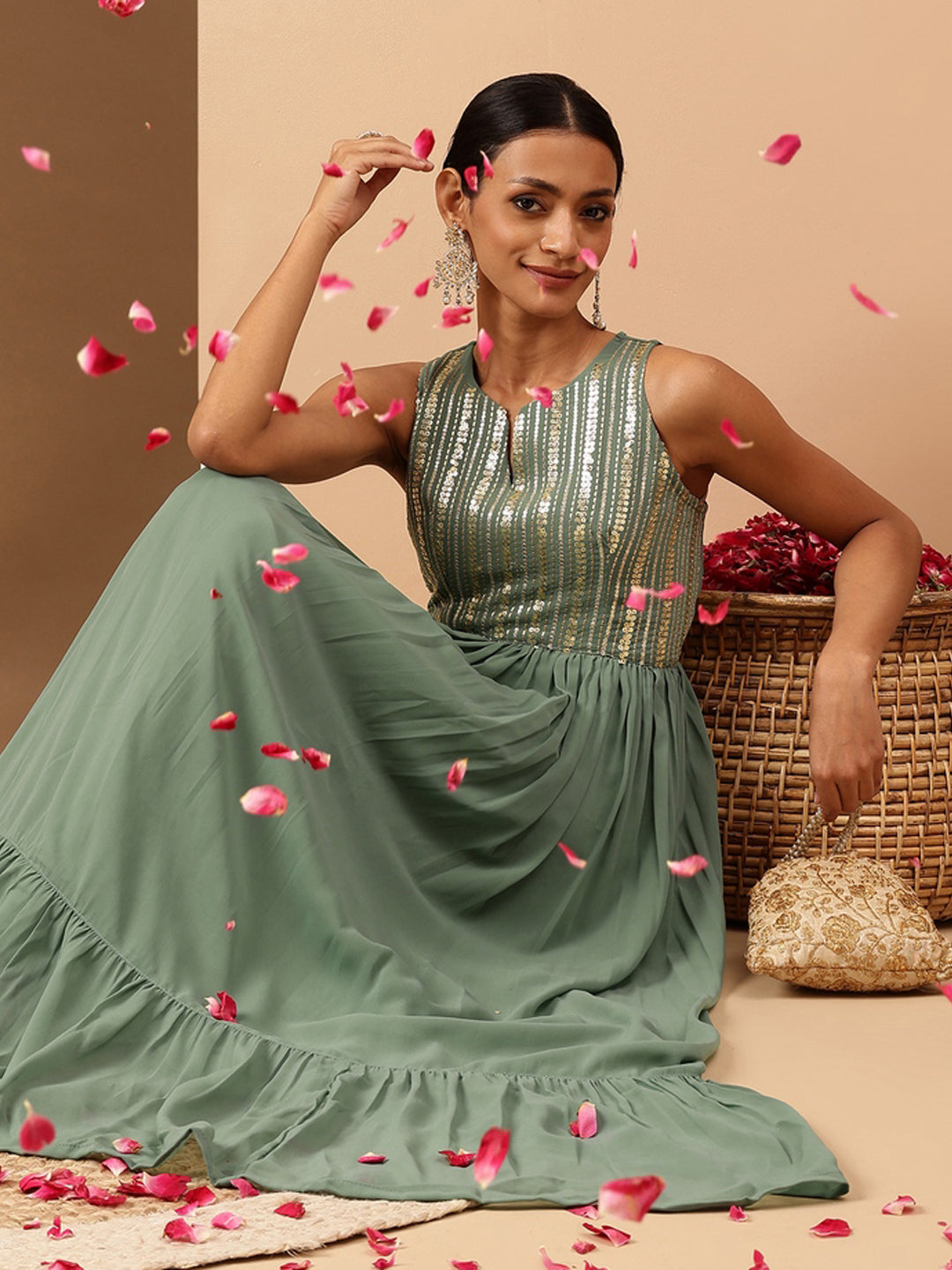 Janasya Women's Sage Green Georgette Sequined Gathered Flared Gown