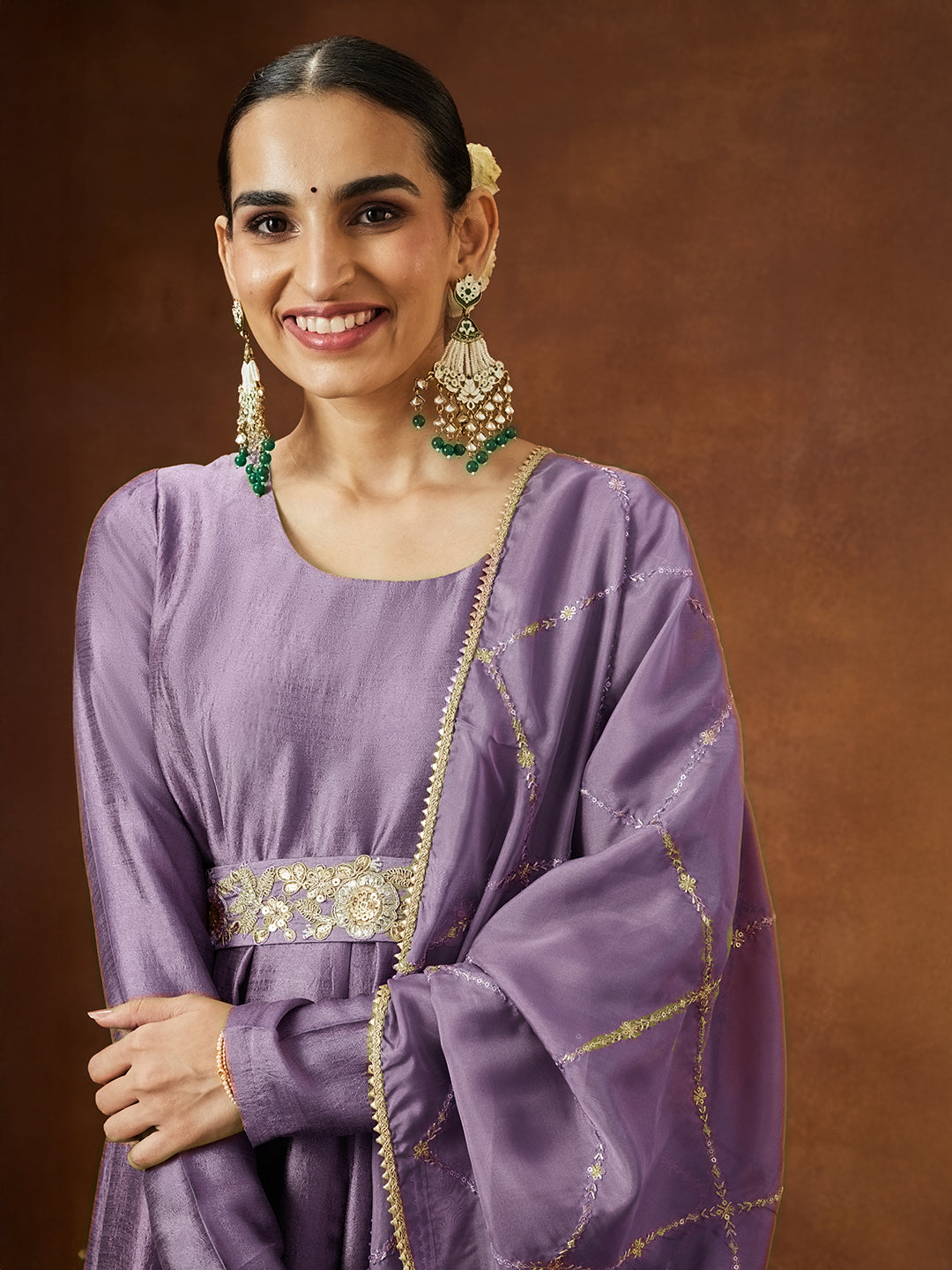 Janasya Women's Lavender Silk Blend Flared Gown With Embellished Belt