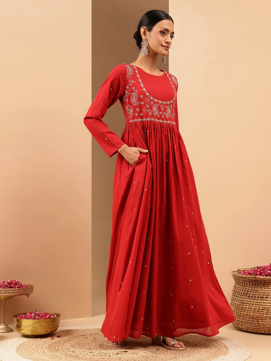 Janasya Women's Maroon Soft Pure Cotton Zari Embroidered Anarkali Flared Gown