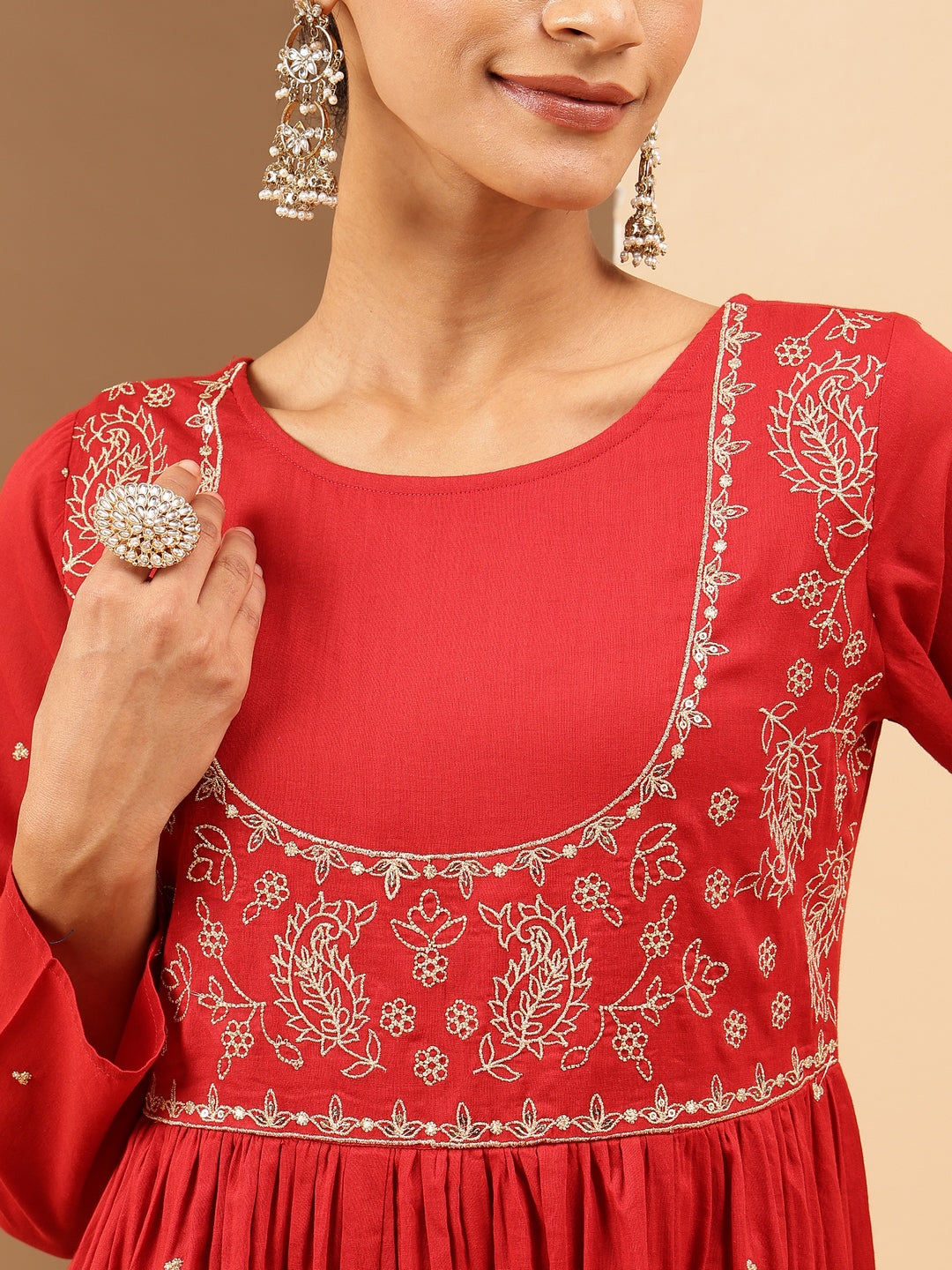 Janasya Women's Maroon Soft Pure Cotton Zari Embroidered Anarkali Flared Gown