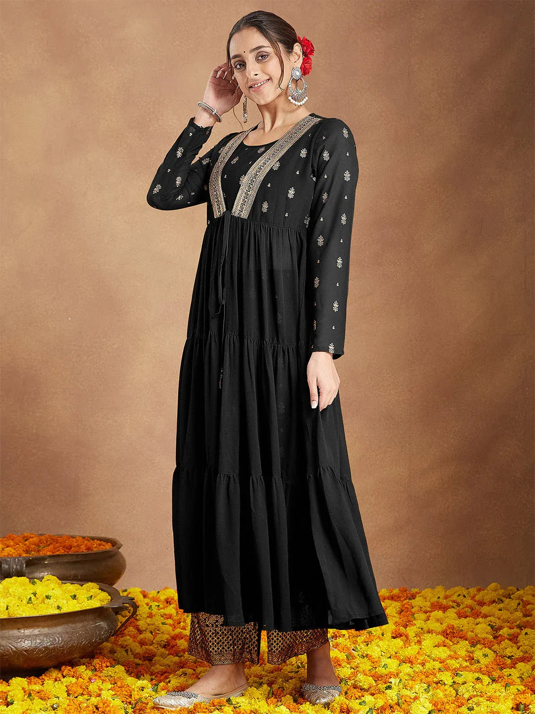 Janasya Women's Black Georgette Embellished Foil Printed Front-open Tiered Kurta Pant Set