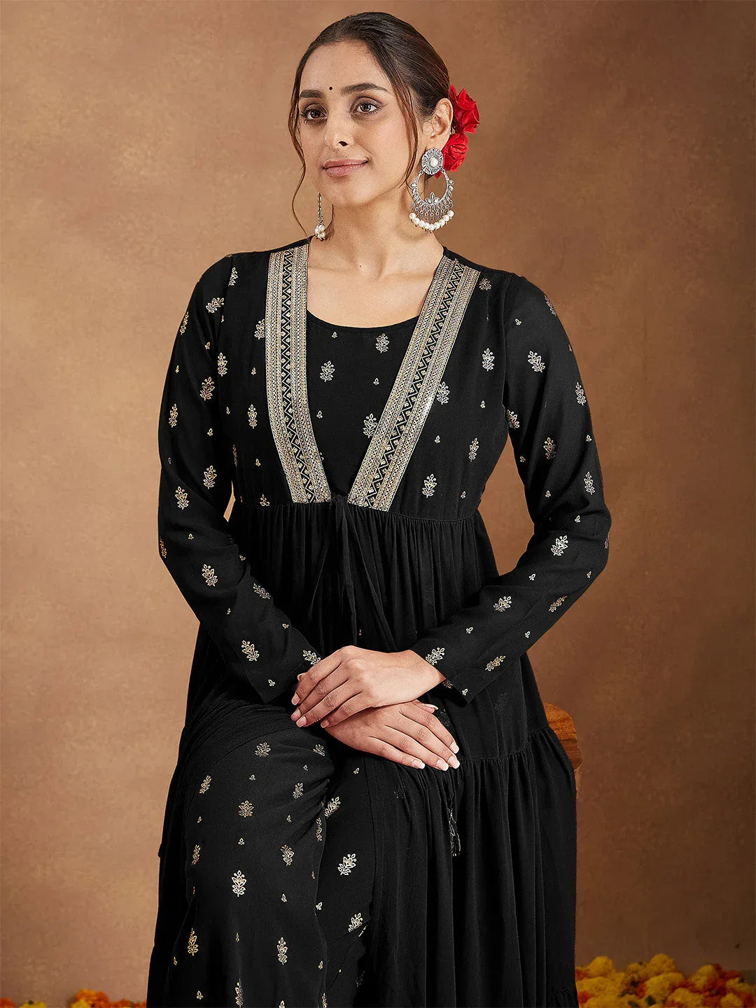 Janasya Women's Black Georgette Embellished Foil Printed Front-open Tiered Kurta Pant Set