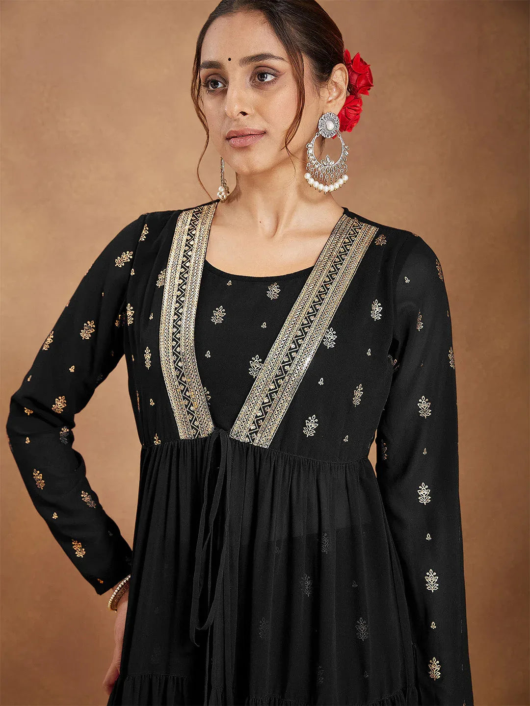 Janasya Women's Black Georgette Embellished Foil Printed Front-open Tiered Kurta Pant Set