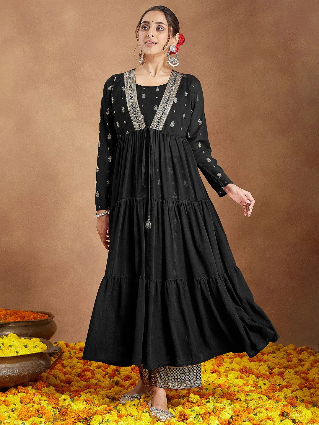 Janasya Women's Black Georgette Embellished Foil Printed Front-open Tiered Kurta Pant Set