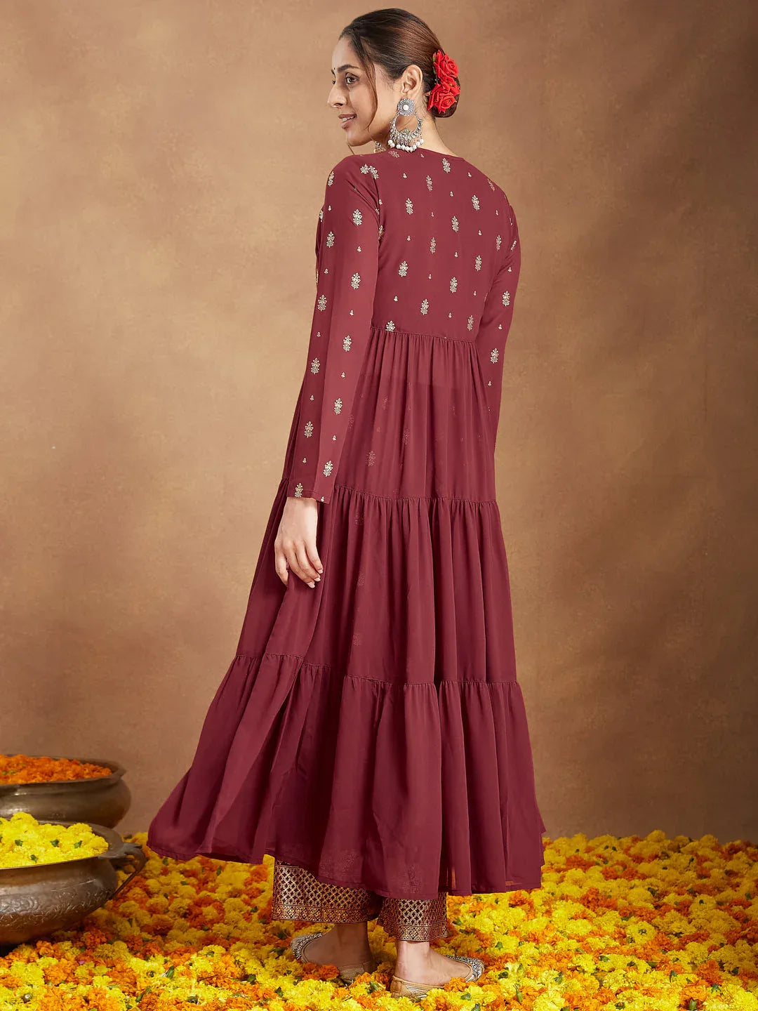 Janasya Women's Maroon Georgette Embellished Foil Printed Front-open Tiered Kurta Pant Set