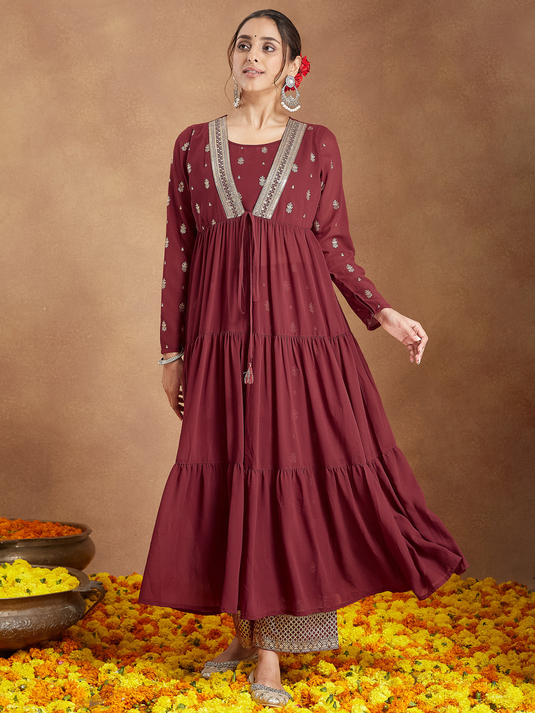 Janasya Women's Maroon Georgette Embellished Foil Printed Front-open Tiered Kurta Pant Set - qivii