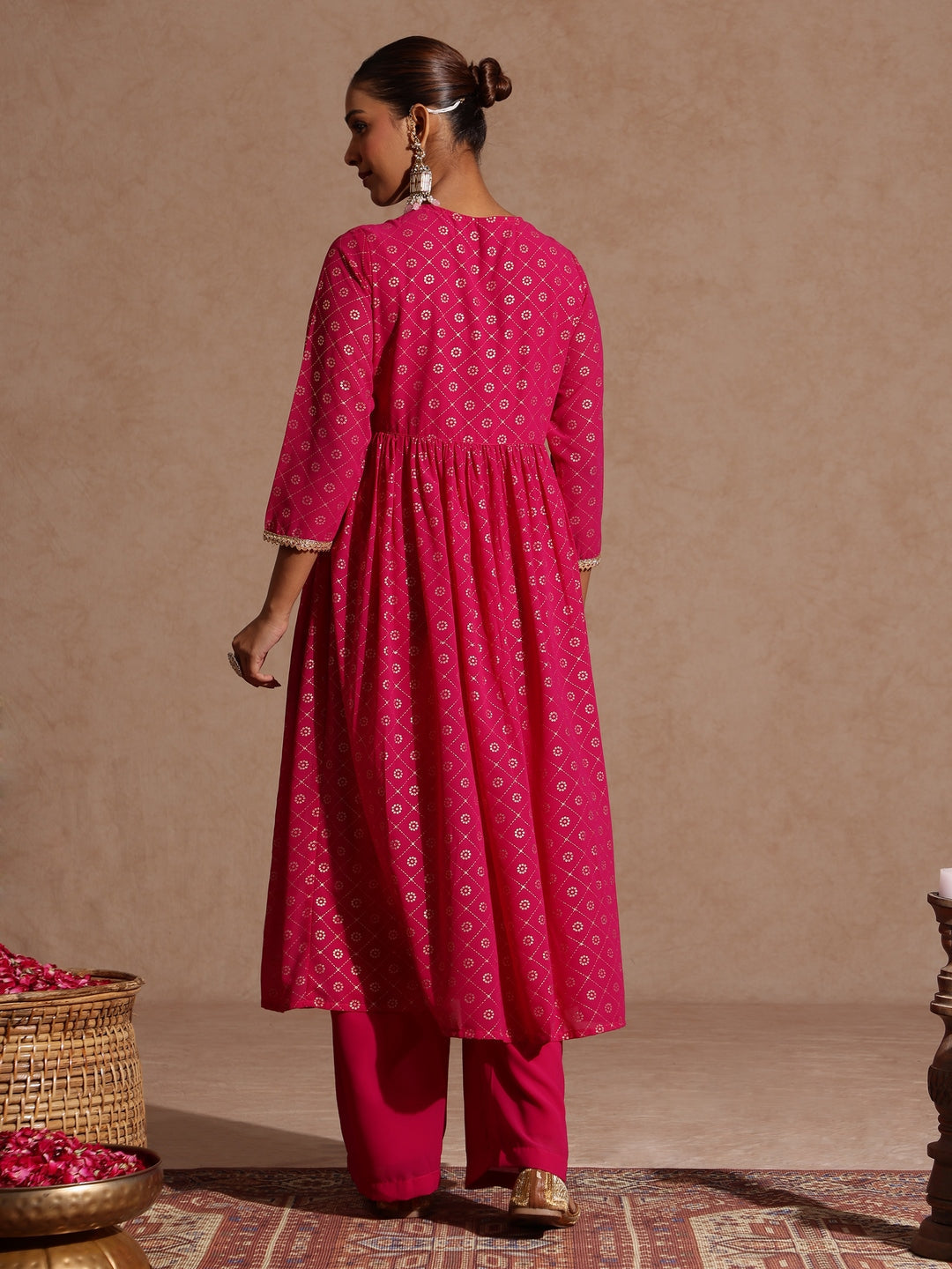 Janasya Women's Pink Georgette Foil Printed Embellished A-line Front-open Kurta With Palazzo Set - qivii