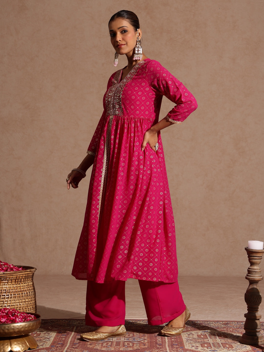 Janasya Women's Pink Georgette Foil Printed Embellished A-line Front-open Kurta With Palazzo Set - qivii