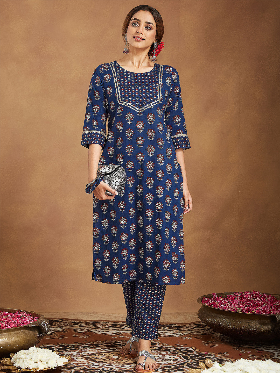 Janasya Women's Dark Blue Pure Cotton Floral Printed Straight Kurta Pant Set - qivii