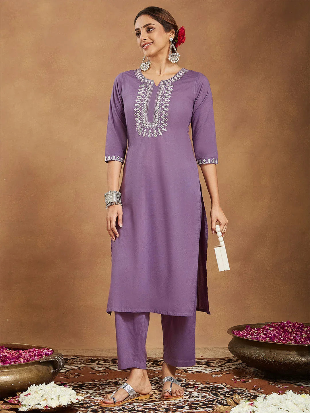 Janasya Women's Lavender Pure Cotton Yoke Embroidered Straight Kurta Pant Set