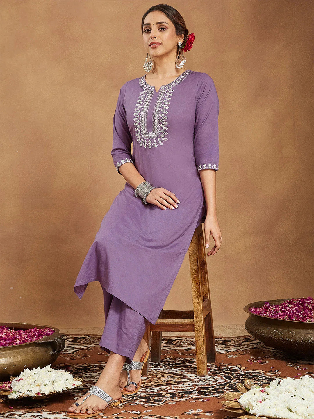 Janasya Women's Lavender Pure Cotton Yoke Embroidered Straight Kurta Pant Set