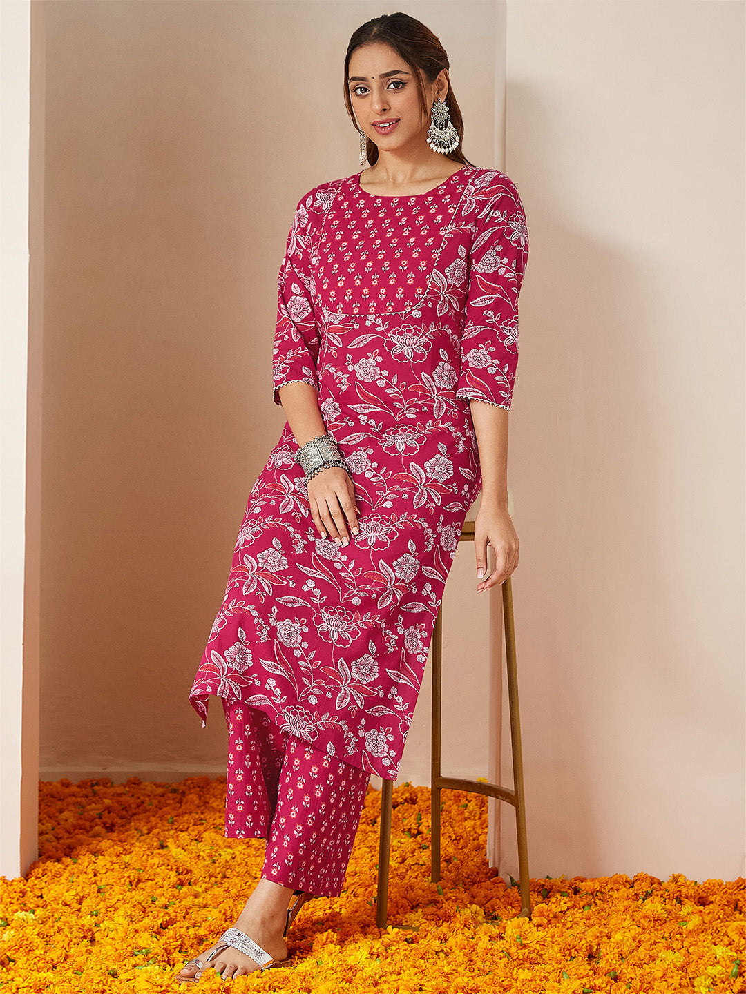 Janasya Women's Magenta Pink Pure Cotton Floral Printed Straight Kurta Pant Set - qivii
