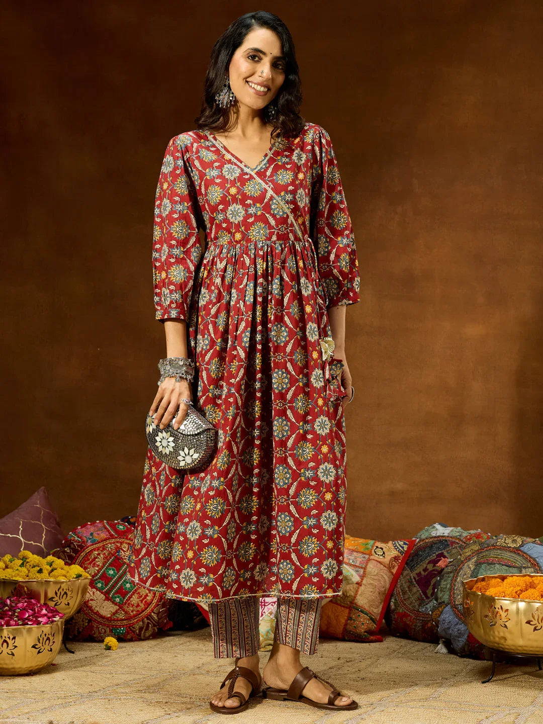 Janasya Women's Maroon Pure Cotton Floral Printed A-line Kurta Pant Set