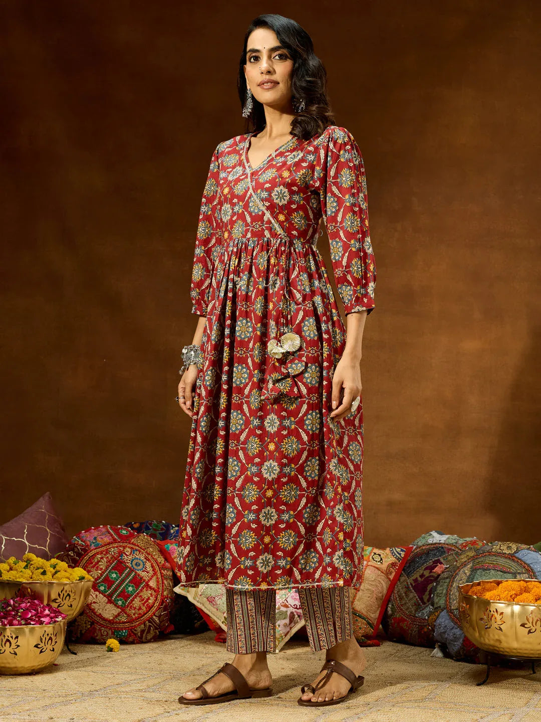 Janasya Women's Maroon Pure Cotton Floral Printed A-line Kurta Pant Set
