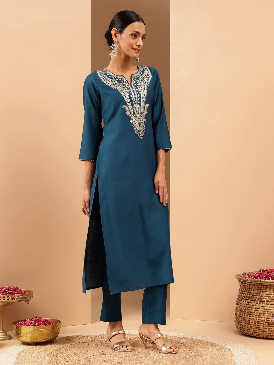 Janasya Women's Teal Blue Silk Blend Zari Yoke Embroidered Straight Kurta - qivii